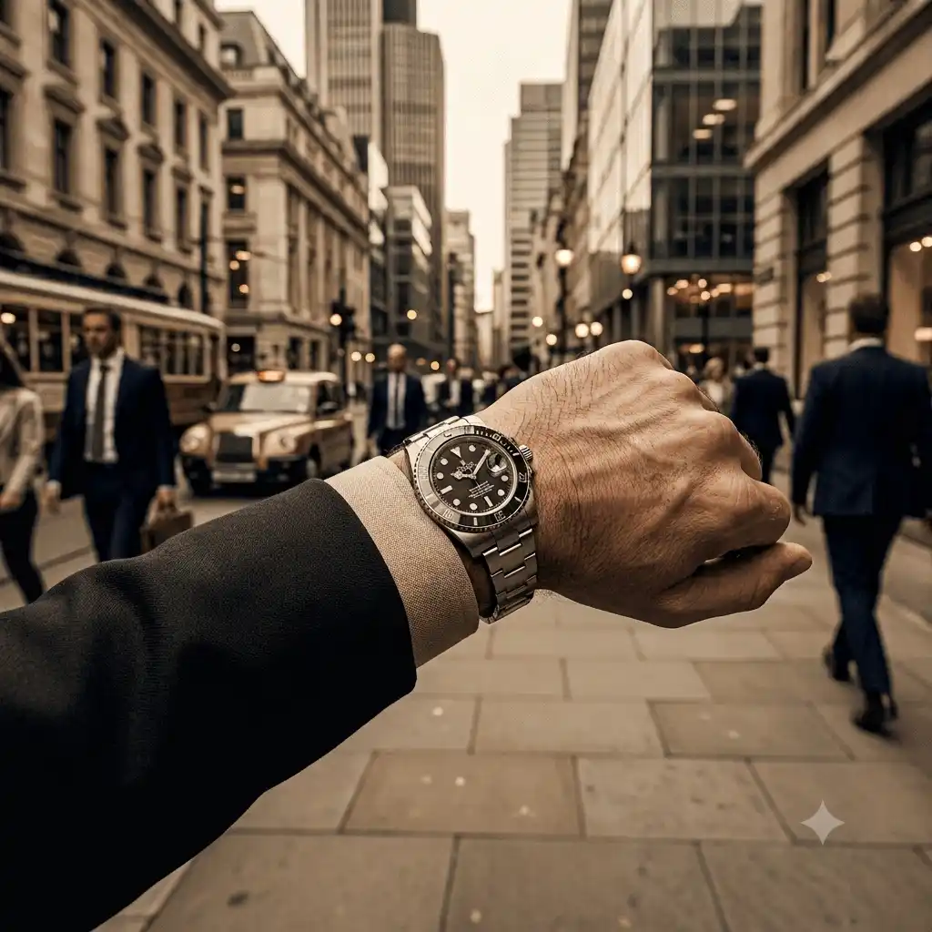 Dettaglio di un orologio da polso mentre un uomo d'affari attende la propria auto in città.