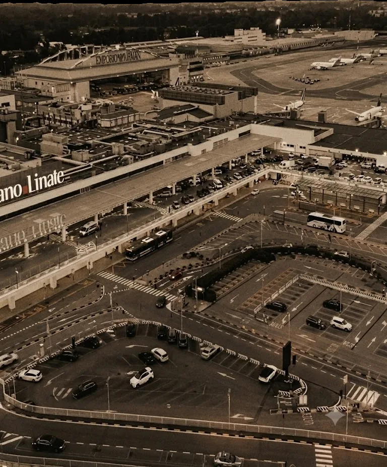 Vista aerea dei terminal e dei parcheggi dell'aeroporto di Milano Linate.