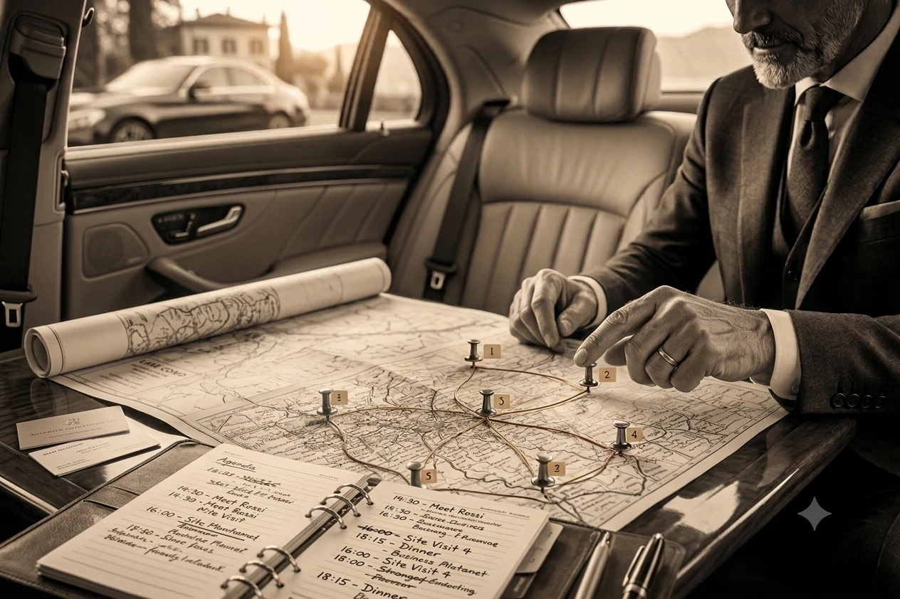 Cliente a bordo di una berlina Prestigious Lifts mentre pianifica su una mappa le tappe di un transfer multi-tappa.