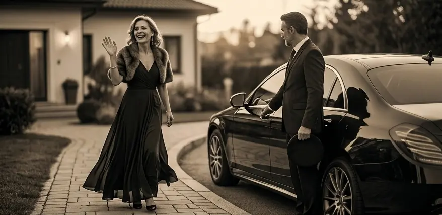 Signora elegante accolta dall'autista Prestigious Lifts davanti a una berlina nera per un servizio porta a porta.