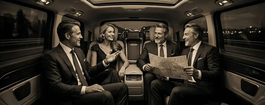 Gruppo di passeggeri eleganti che consultano una mappa a bordo di un van di rappresentanza Prestigious Lifts.